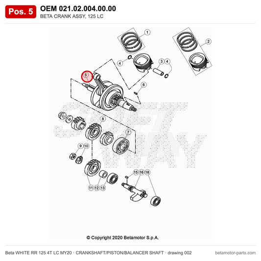 BETA CRANK ASSY, 125 LC – OEM 021.02.004.00.00, position 5 on the Beta WHITE RR 125 4T LC MY20 crankshaft/piston/balancer shaft drawing