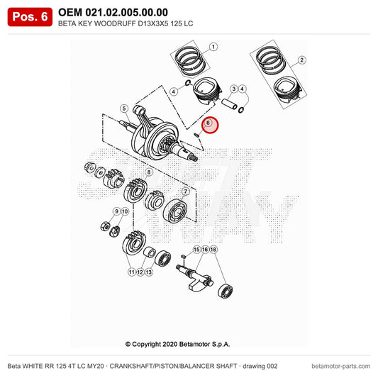 BETA KEY WOODRUFF D13X3X5 125 LC – OEM 021.02.005.00.00, position 6 on the Beta WHITE RR 125 4T LC MY20 crankshaft/piston/balancer shaft drawing