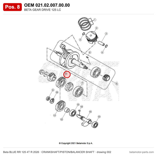 BETA GEAR DRIVE 125 LC – OEM 021.02.007.00.00, position 8 on the Beta BLUE RR 125 4T R 2026 crankshaft/piston/balancer shaft drawing