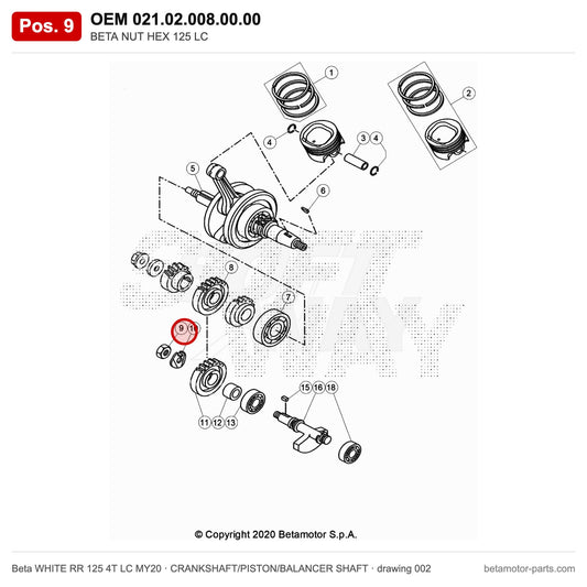 BETA NUT HEX 125 LC – OEM 021.02.008.00.00, position 9 on the Beta WHITE RR 125 4T LC MY20 crankshaft/piston/balancer shaft drawing