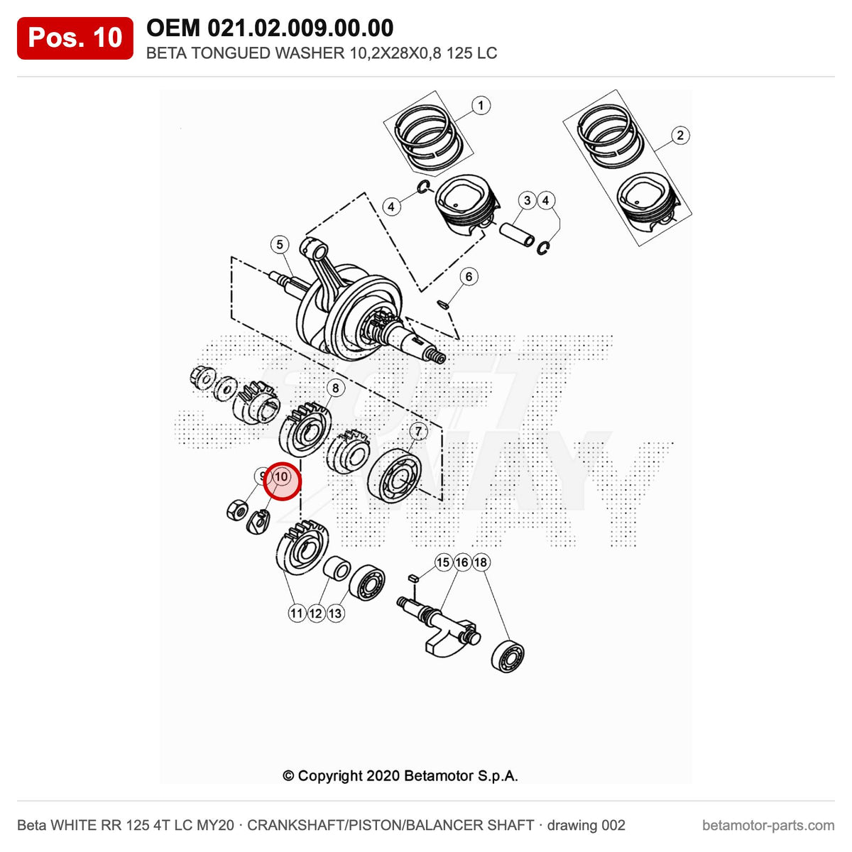BETA TONGUED WASHER 10,2X28X0,8 125 LC – OEM 021.02.009.00.00, position 10 on the Beta WHITE RR 125 4T LC MY20 crankshaft/piston/balancer shaft drawing