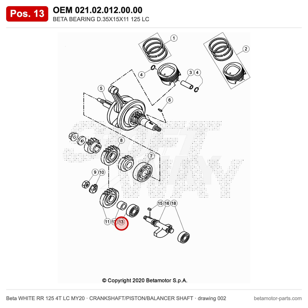 BETA BEARING D.35X15X11 125 LC – OEM 021.02.012.00.00, position 13 on the Beta WHITE RR 125 4T LC MY20 crankshaft/piston/balancer shaft drawing