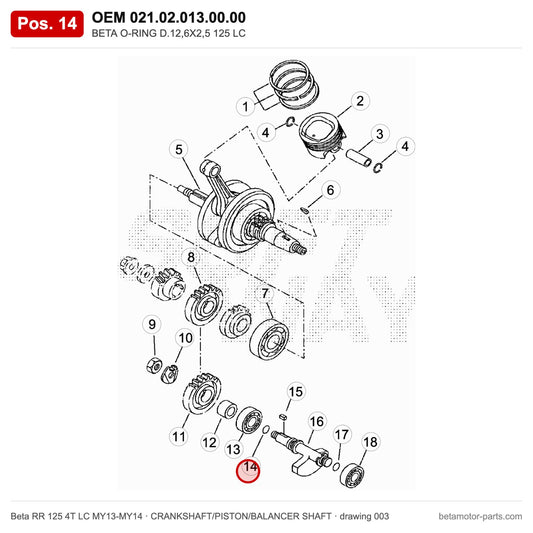 BETA O-RING D.12,6X2,5 125 LC – OEM 021.02.013.00.00, position 14 on the Beta RR 125 4T LC MY13-MY14 crankshaft/piston/balancer shaft drawing