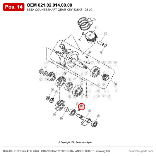 BETA COUNTESHAFT GEAR KEY 5X5X6 125 LC – OEM 021.02.014.00.00, position 14 on the Beta BLUE RR 125 4T R 2026 crankshaft/piston/balancer shaft drawing