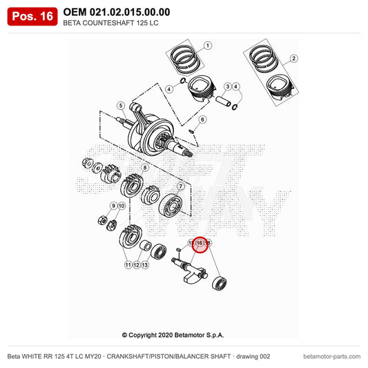 BETA COUNTESHAFT 125 LC – OEM 021.02.015.00.00, position 16 on the Beta WHITE RR 125 4T LC MY20 crankshaft/piston/balancer shaft drawing