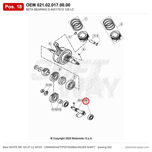 BETA BEARING D.40X17X12 125 LC – OEM 021.02.017.00.00, position 18 on the Beta WHITE RR 125 4T LC MY20 crankshaft/piston/balancer shaft drawing