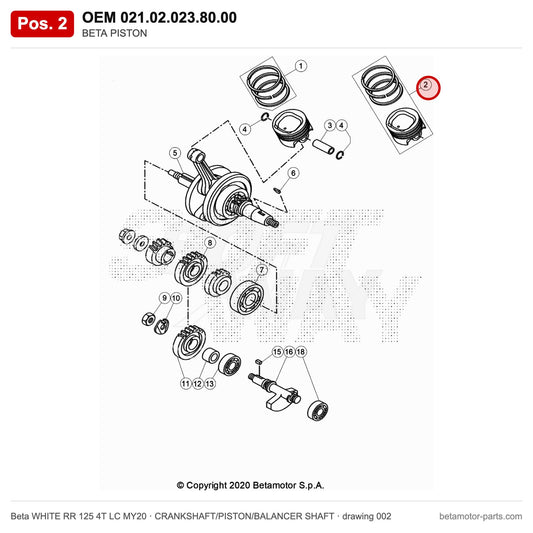 BETA PISTON – OEM 021.02.023.80.00, position 2 on the Beta WHITE RR 125 4T LC MY20 crankshaft/piston/balancer shaft drawing