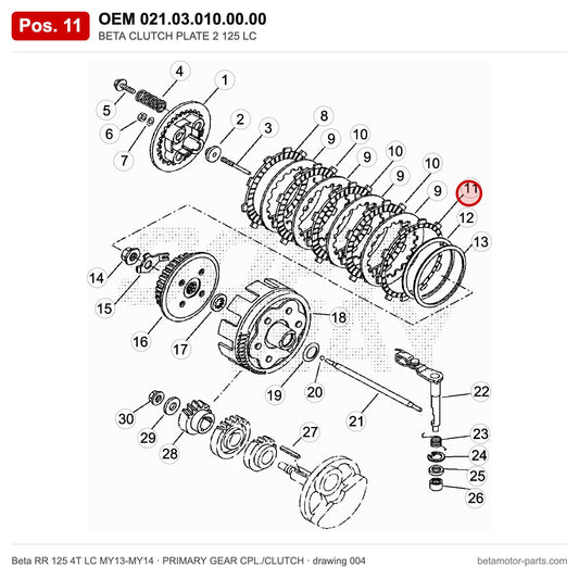 BETA CLUTCH PLATE 2 125 LC – OEM 021.03.010.00.00, position 11 on the Beta RR 125 4T LC MY13-MY14 primary gear cpl./clutch drawing