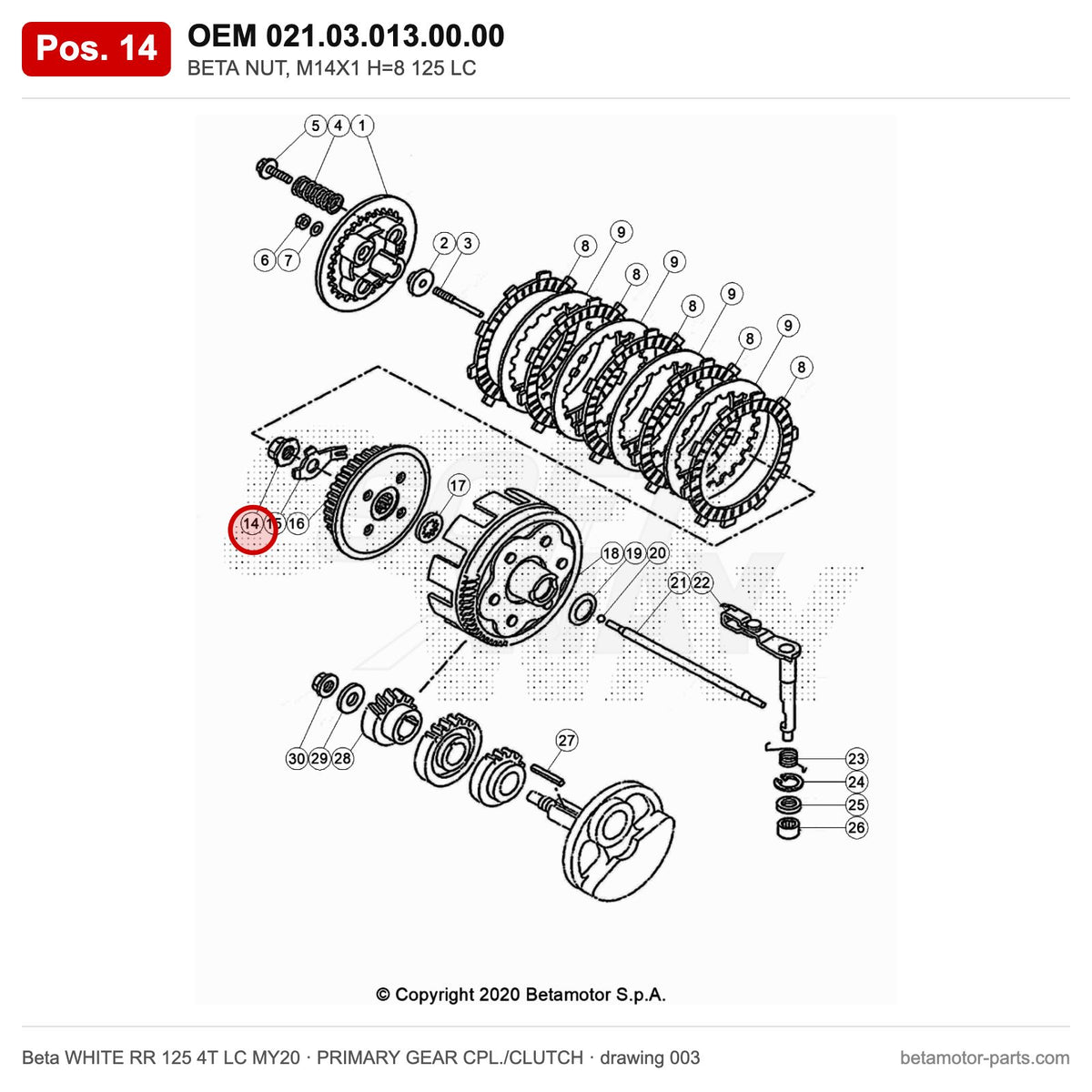 BETA NUT, M14X1 H=8 125 LC – OEM 021.03.013.00.00, position 14 on the Beta WHITE RR 125 4T LC MY20 primary gear cpl./clutch drawing