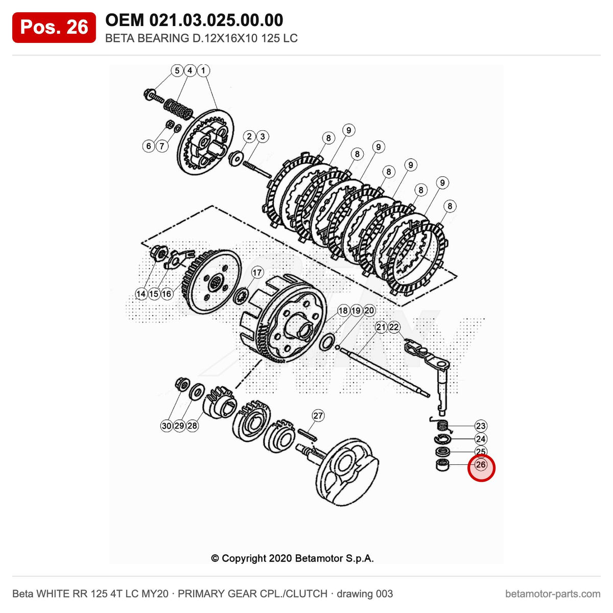 BETA BEARING D.12X16X10 125 LC – OEM 021.03.025.00.00, position 26 on the Beta WHITE RR 125 4T LC MY20 primary gear cpl./clutch drawing