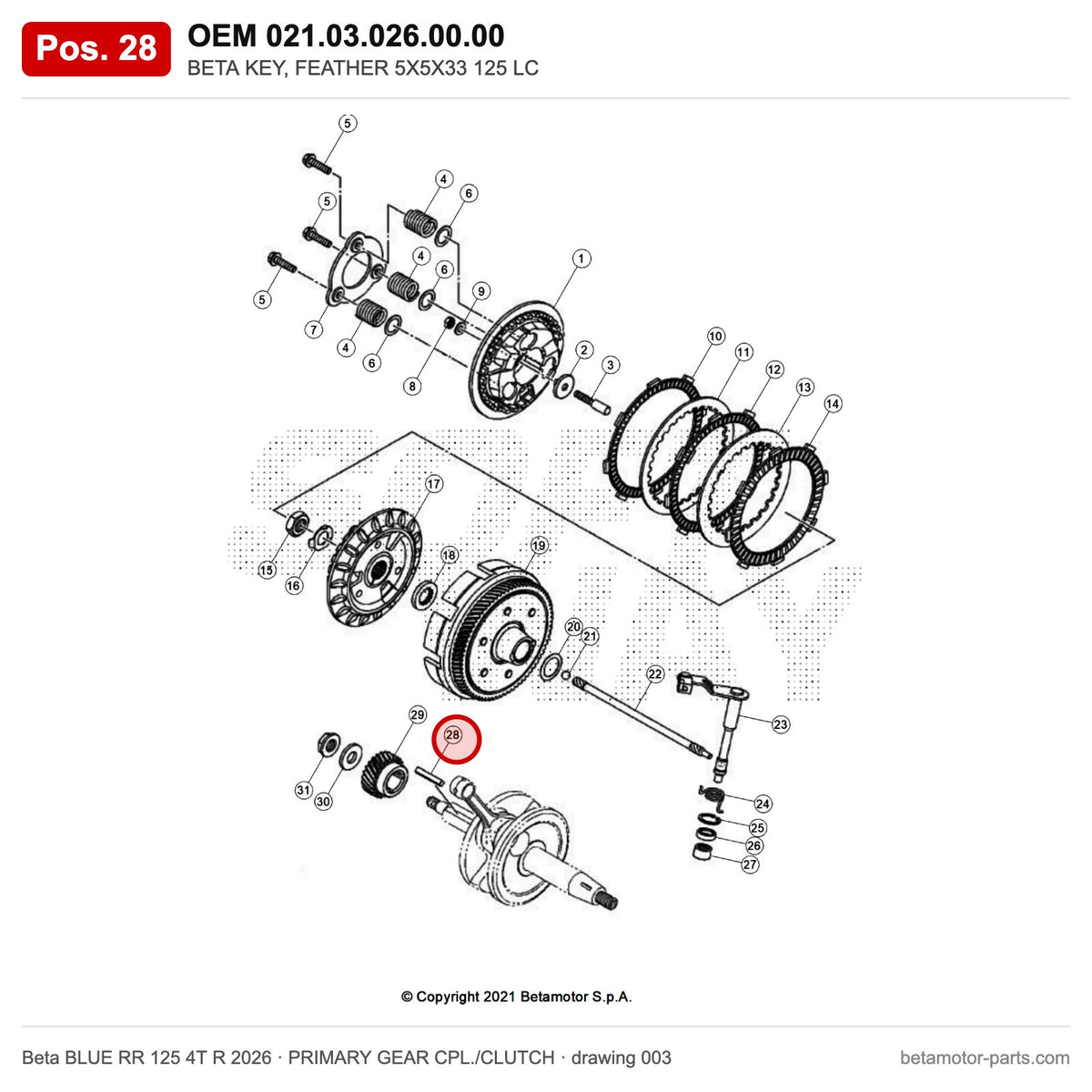 BETA KEY, FEATHER 5X5X33 125 LC – OEM 021.03.026.00.00, position 28 on the Beta BLUE RR 125 4T R 2026 primary gear cpl./clutch drawing