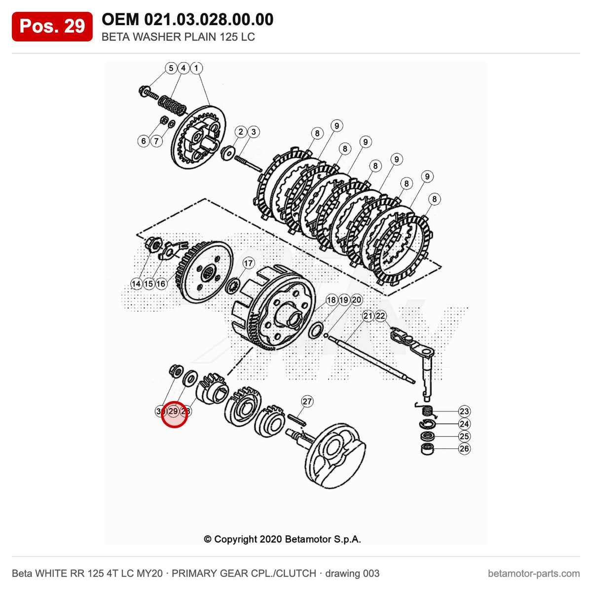 BETA WASHER PLAIN 125 LC – OEM 021.03.028.00.00, position 29 on the Beta WHITE RR 125 4T LC MY20 primary gear cpl./clutch drawing