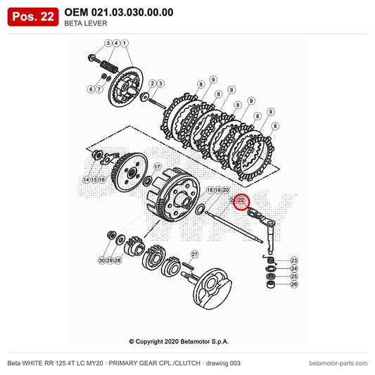 BETA LEVER – OEM 021.03.030.00.00, position 22 on the Beta WHITE RR 125 4T LC MY20 primary gear cpl./clutch drawing