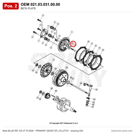 BETA PLATE – OEM 021.03.031.00.00, position 2 on the Beta BLUE RR 125 4T R 2026 primary gear cpl./clutch drawing