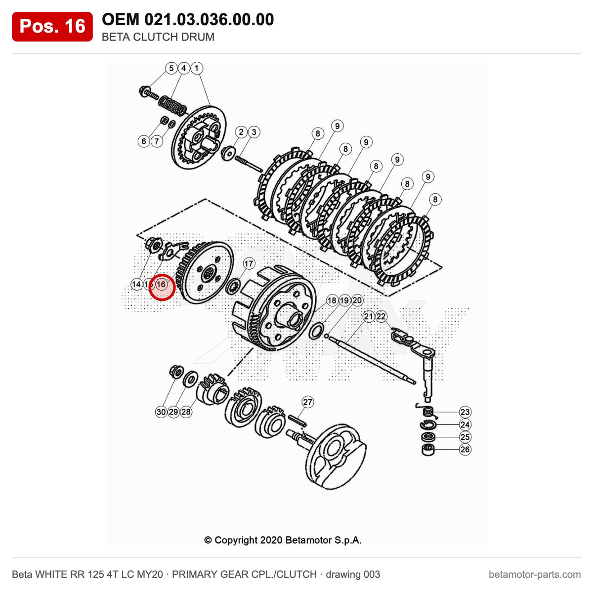 BETA CLUTCH DRUM – OEM 021.03.036.00.00, position 16 on the Beta WHITE RR 125 4T LC MY20 primary gear cpl./clutch drawing