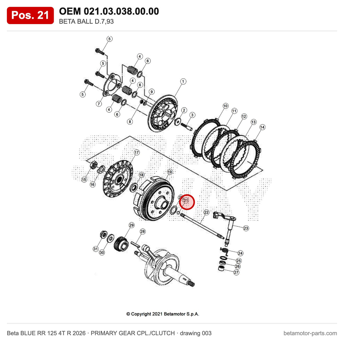 BETA BALL D.7,93 – OEM 021.03.038.00.00, position 21 on the Beta BLUE RR 125 4T R 2026 primary gear cpl./clutch drawing