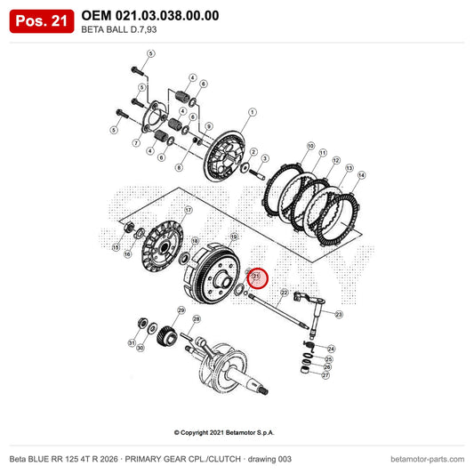 BETA BALL D.7,93 – OEM 021.03.038.00.00, position 21 on the Beta BLUE RR 125 4T R 2026 primary gear cpl./clutch drawing