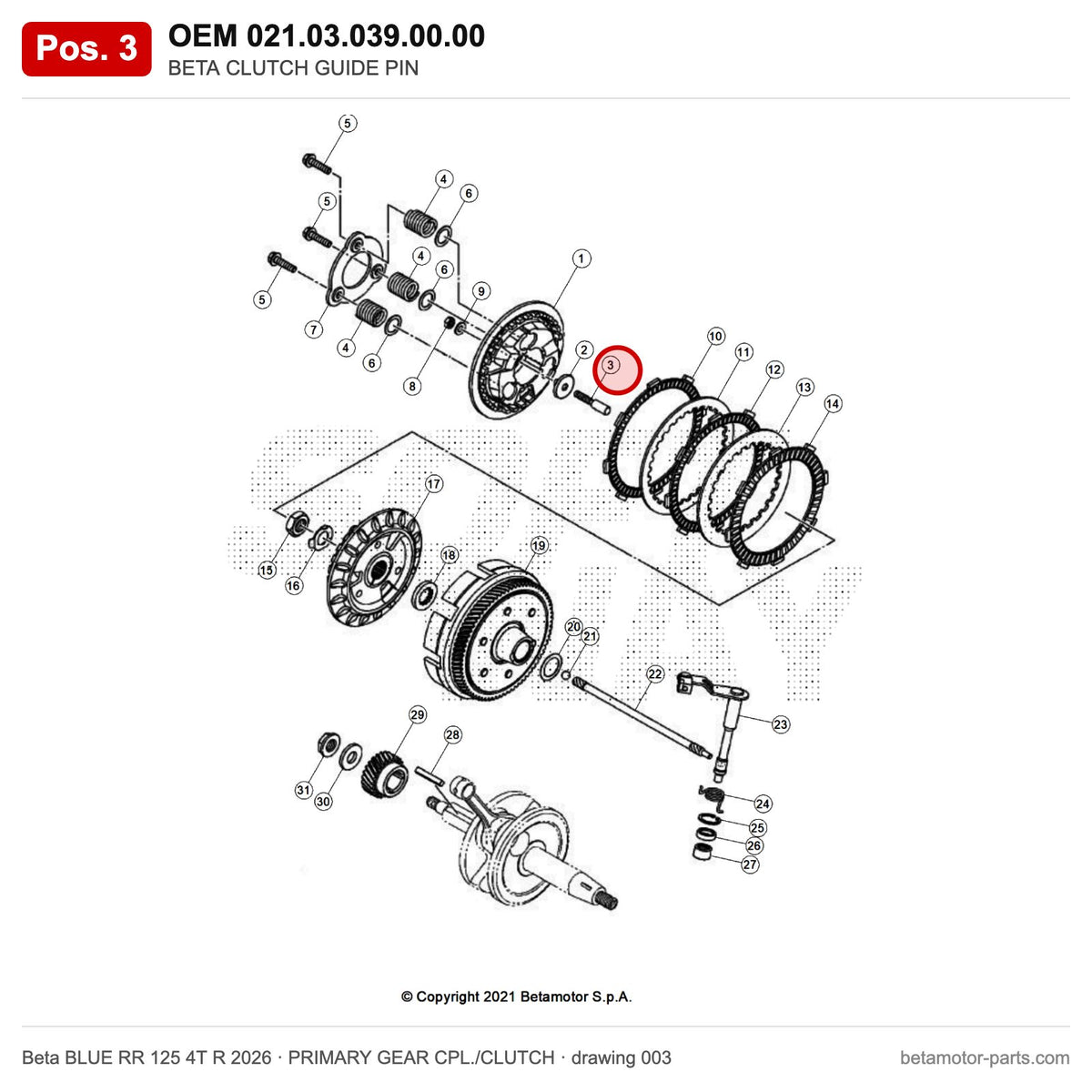 BETA CLUTCH GUIDE PIN – OEM 021.03.039.00.00, position 3 on the Beta BLUE RR 125 4T R 2026 primary gear cpl./clutch drawing