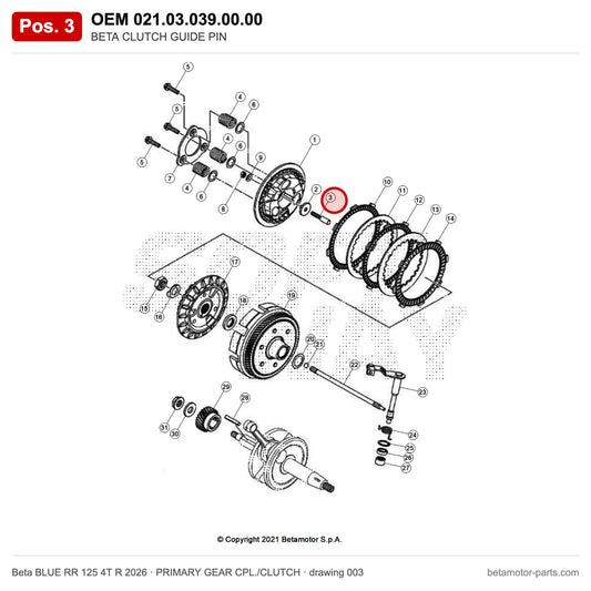 BETA CLUTCH GUIDE PIN – OEM 021.03.039.00.00, position 3 on the Beta BLUE RR 125 4T R 2026 primary gear cpl./clutch drawing