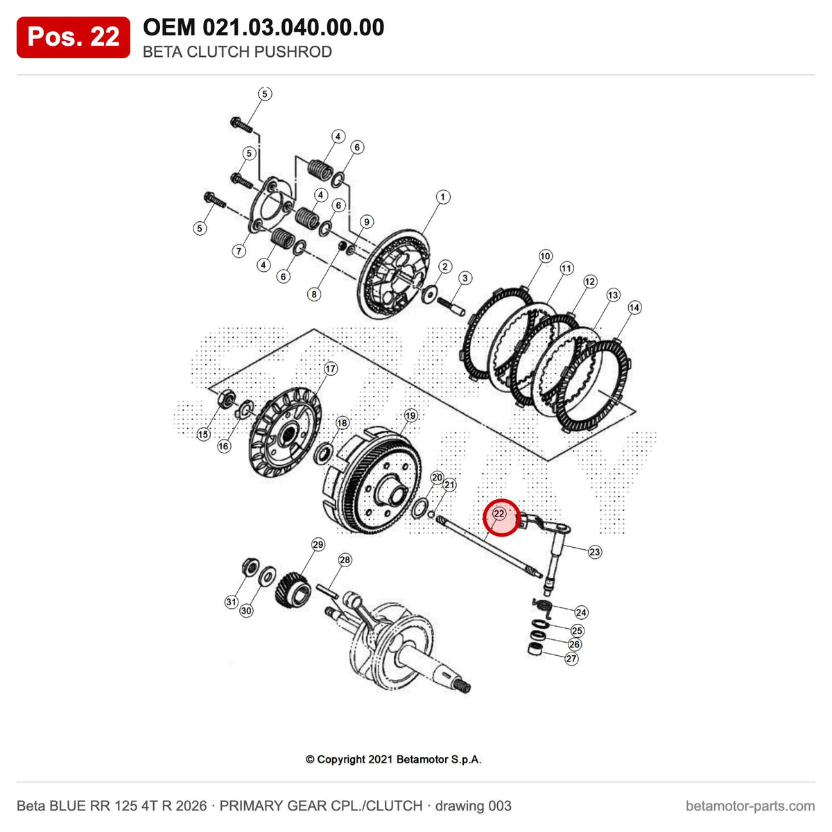 BETA CLUTCH PUSHROD – OEM 021.03.040.00.00, position 22 on the Beta BLUE RR 125 4T R 2026 primary gear cpl./clutch drawing