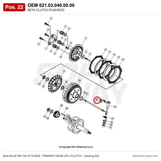 BETA CLUTCH PUSHROD – OEM 021.03.040.00.00, position 22 on the Beta BLUE RR 125 4T R 2026 primary gear cpl./clutch drawing