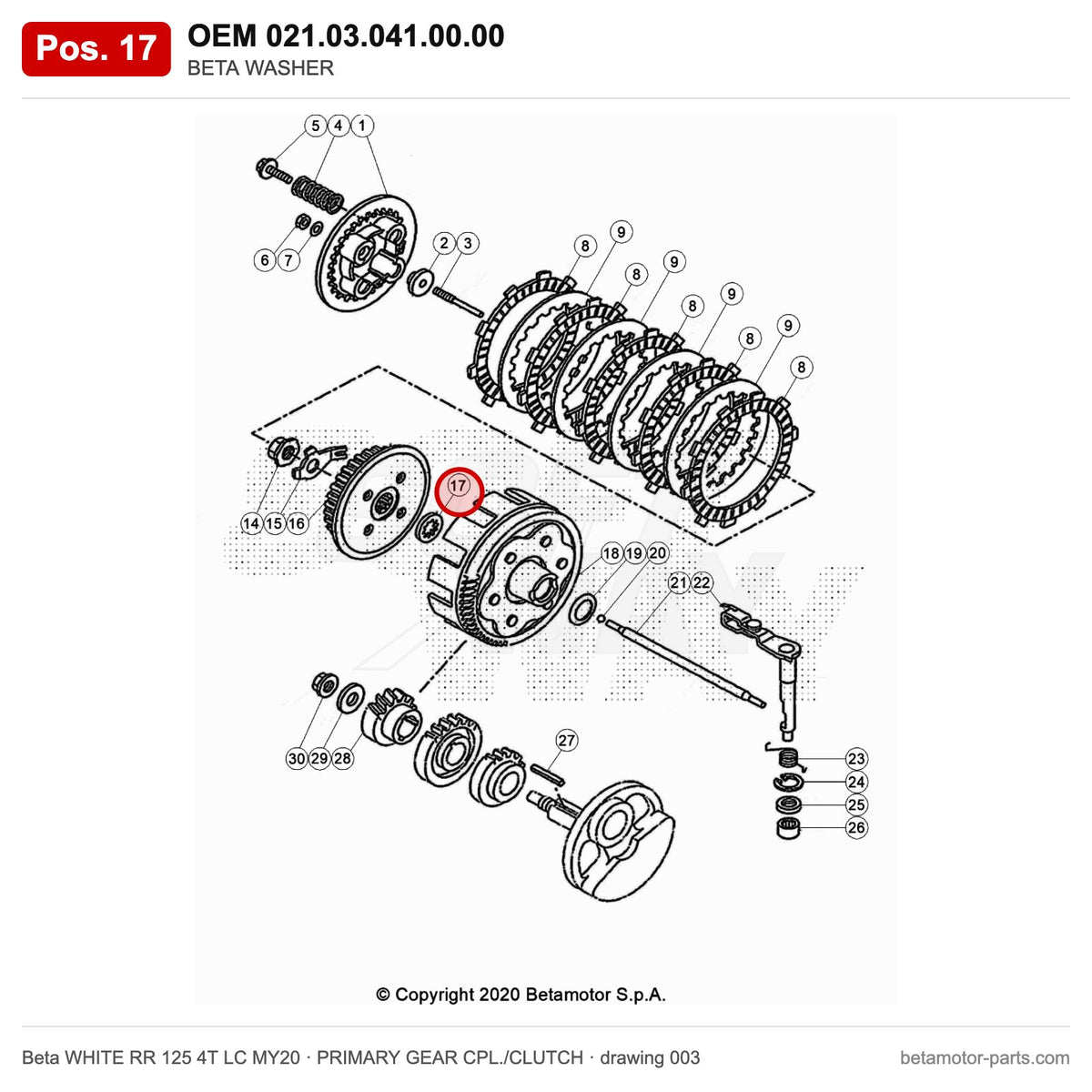 BETA WASHER – OEM 021.03.041.00.00, position 17 on the Beta WHITE RR 125 4T LC MY20 primary gear cpl./clutch drawing