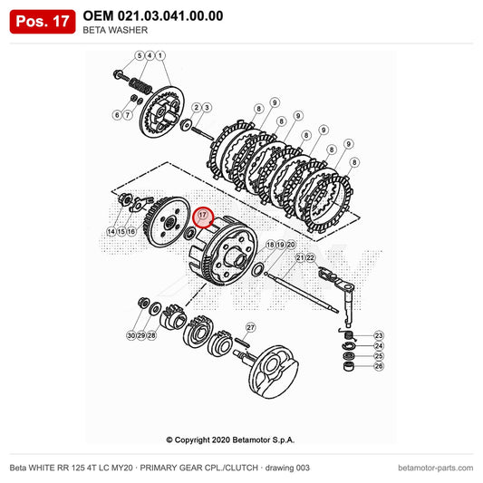 BETA WASHER – OEM 021.03.041.00.00, position 17 on the Beta WHITE RR 125 4T LC MY20 primary gear cpl./clutch drawing