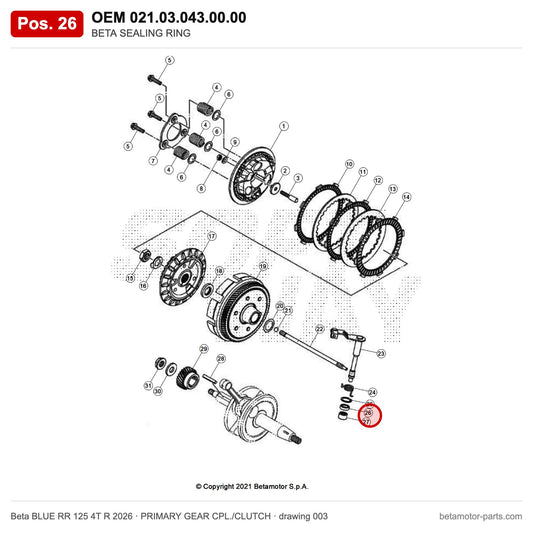 BETA SEALING RING – OEM 021.03.043.00.00, position 26 on the Beta BLUE RR 125 4T R 2026 primary gear cpl./clutch drawing