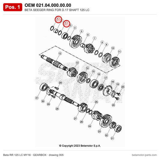 BETA SEEGER RING FOR D.17 SHAFT 125 LC – OEM 021.04.000.00.00, position 1 on the Beta RR 125 LC MY16 gearbox drawing