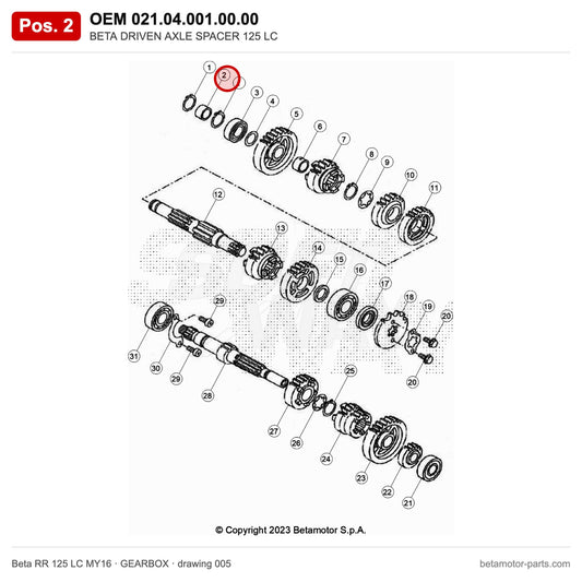 BETA DRIVEN AXLE SPACER 125 LC – OEM 021.04.001.00.00, position 2 on the Beta RR 125 LC MY16 gearbox drawing