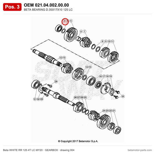 BETA BEARING D.35X17X10 125 LC – OEM 021.04.002.00.00, position 3 on the Beta WHITE RR 125 4T LC MY20 gearbox drawing