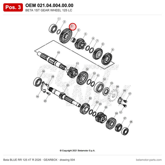 BETA 1ST GEAR WHEEL 125 LC – OEM 021.04.004.00.00, position 3 on the Beta BLUE RR 125 4T R 2026 gearbox drawing
