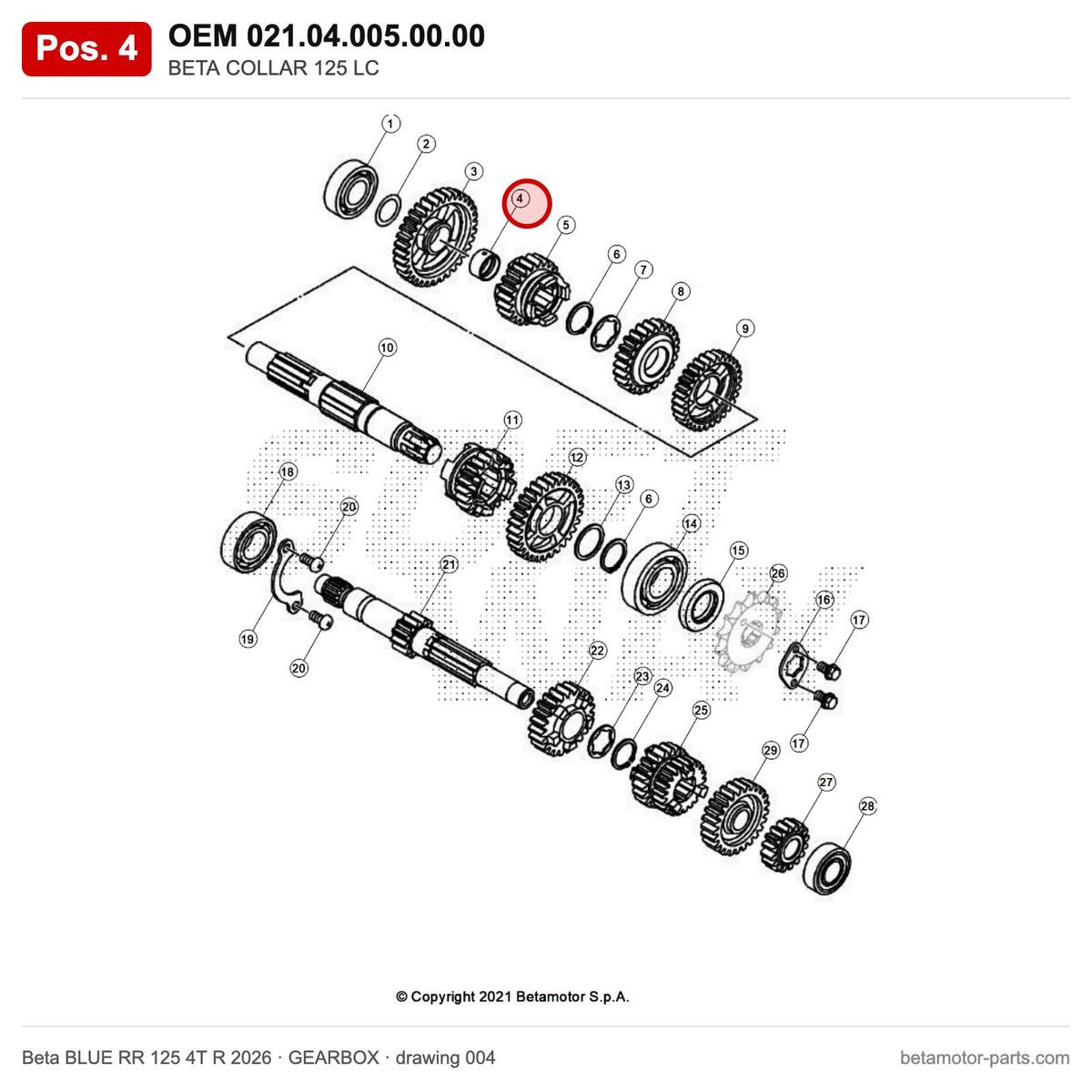 BETA COLLAR 125 LC – OEM 021.04.005.00.00, position 4 on the Beta BLUE RR 125 4T R 2026 gearbox drawing