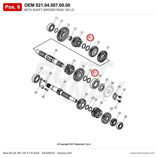 BETA SHAFT SEEGER RING 125 LC – OEM 021.04.007.00.00, position 6 on the Beta BLUE RR 125 4T R 2026 gearbox drawing