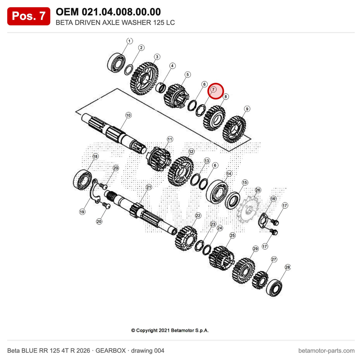 BETA DRIVEN AXLE WASHER 125 LC – OEM 021.04.008.00.00, position 7 on the Beta BLUE RR 125 4T R 2026 gearbox drawing