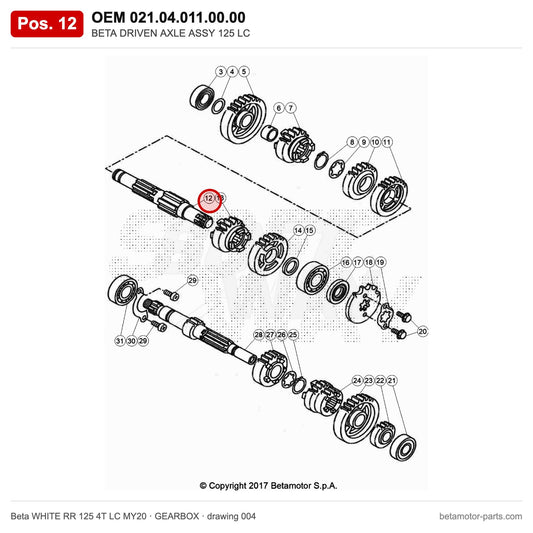 BETA DRIVEN AXLE ASSY 125 LC – OEM 021.04.011.00.00, position 12 on the Beta WHITE RR 125 4T LC MY20 gearbox drawing