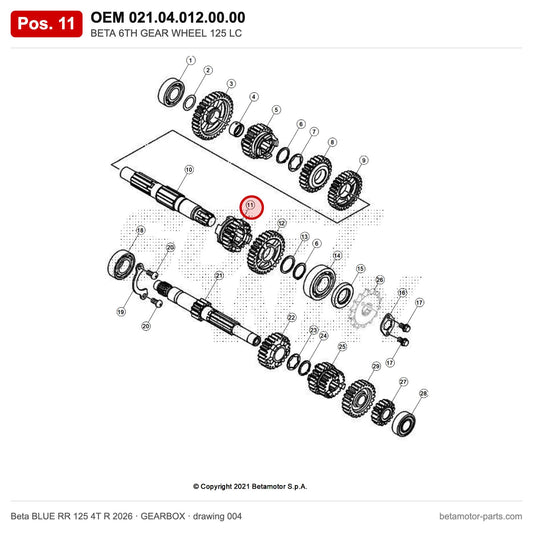 BETA 6TH GEAR WHEEL 125 LC – OEM 021.04.012.00.00, position 11 on the Beta BLUE RR 125 4T R 2026 gearbox drawing