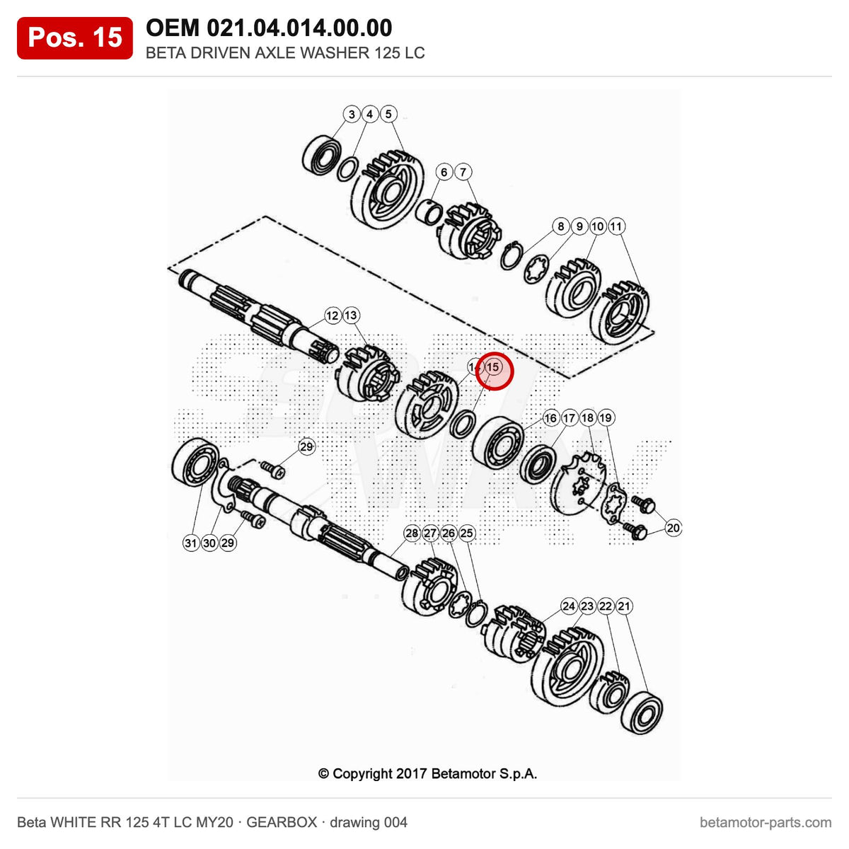 BETA DRIVEN AXLE WASHER 125 LC – OEM 021.04.014.00.00, position 15 on the Beta WHITE RR 125 4T LC MY20 gearbox drawing