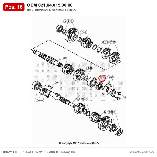 BETA BEARING D.47X20X14 125 LC – OEM 021.04.015.00.00, position 16 on the Beta WHITE RR 125 4T LC MY20 gearbox drawing