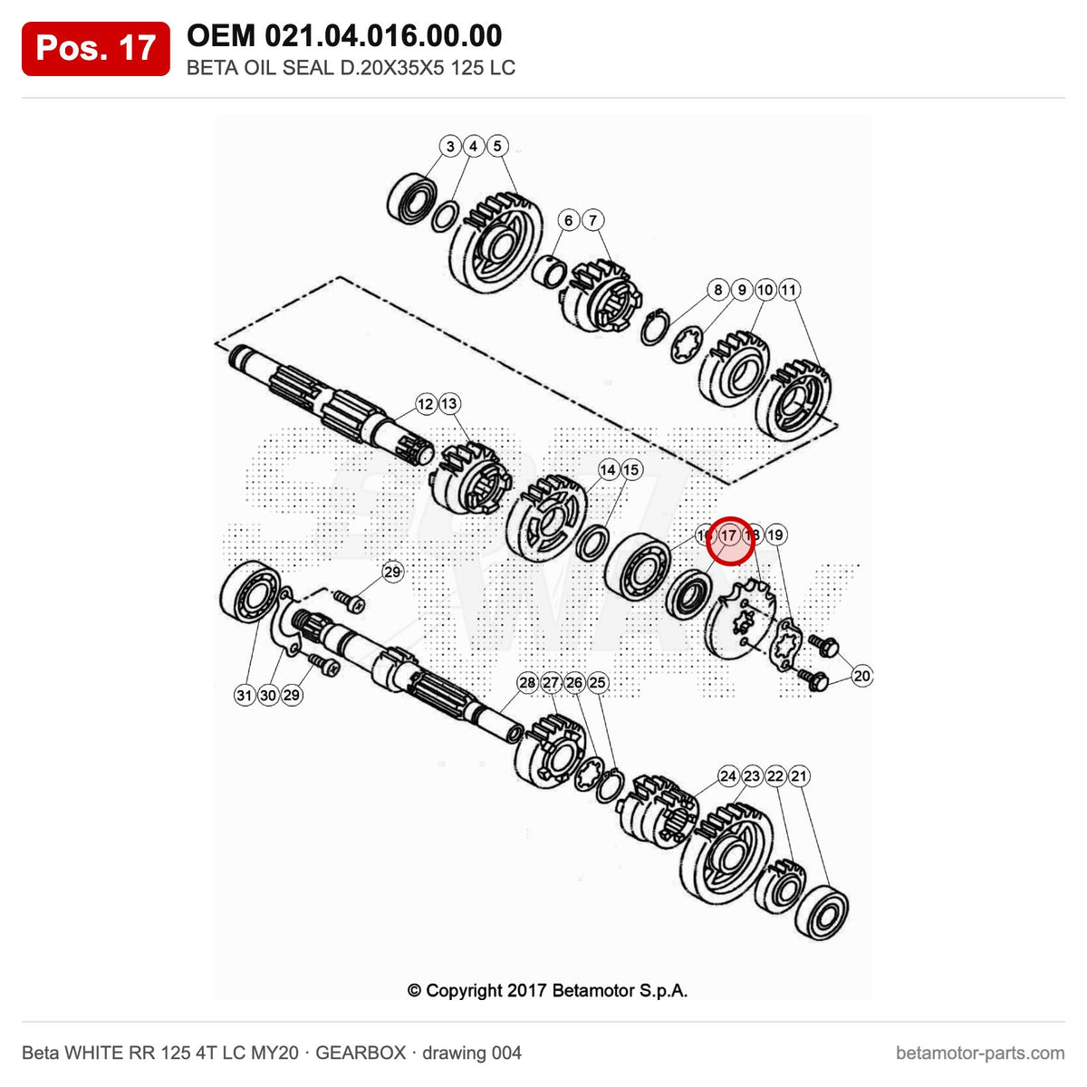 BETA OIL SEAL D.20X35X5 125 LC – OEM 021.04.016.00.00, position 17 on the Beta WHITE RR 125 4T LC MY20 gearbox drawing