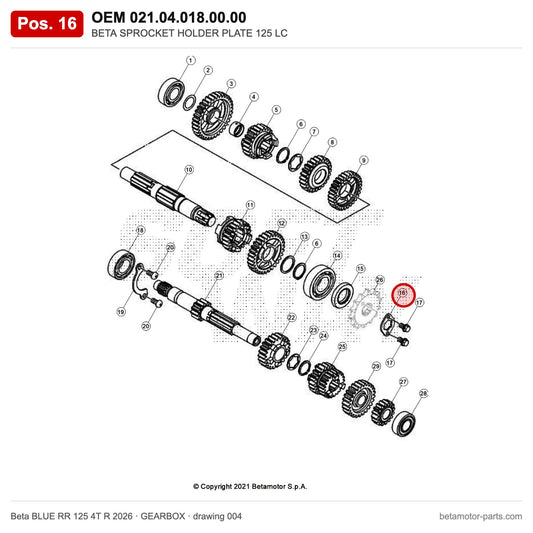 BETA SPROCKET HOLDER PLATE 125 LC – OEM 021.04.018.00.00, position 16 on the Beta BLUE RR 125 4T R 2026 gearbox drawing