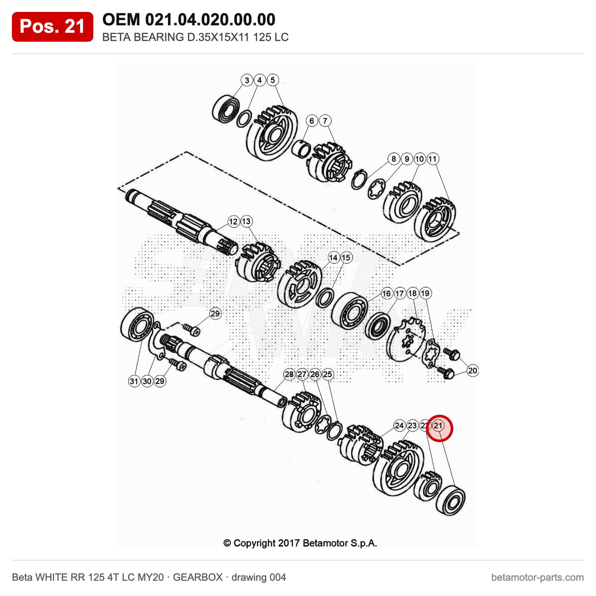 BETA BEARING D.35X15X11 125 LC – OEM 021.04.020.00.00, position 21 on the Beta WHITE RR 125 4T LC MY20 gearbox drawing