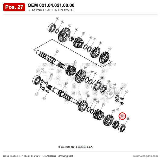 BETA 2ND GEAR PINION 125 LC – OEM 021.04.021.00.00, position 27 on the Beta BLUE RR 125 4T R 2026 gearbox drawing
