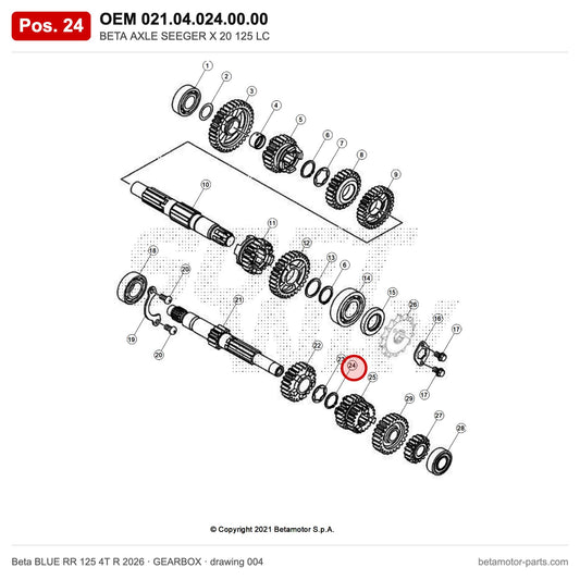 BETA AXLE SEEGER X 20 125 LC – OEM 021.04.024.00.00, position 24 on the Beta BLUE RR 125 4T R 2026 gearbox drawing