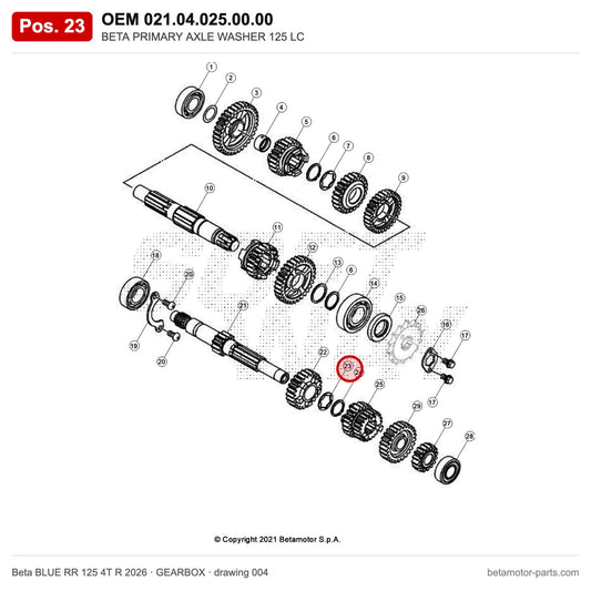 BETA PRIMARY AXLE WASHER 125 LC – OEM 021.04.025.00.00, position 23 on the Beta BLUE RR 125 4T R 2026 gearbox drawing