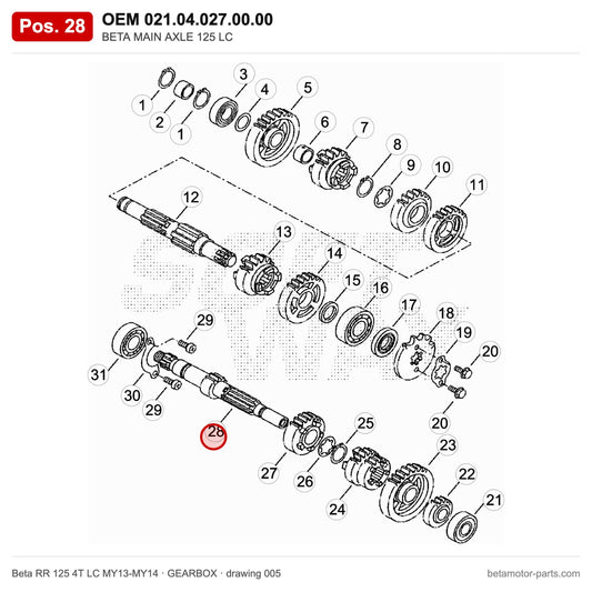 BETA MAIN AXLE 125 LC – OEM 021.04.027.00.00, position 28 on the Beta RR 125 4T LC MY13-MY14 gearbox drawing