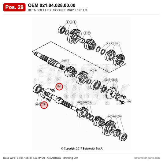 BETA BOLT HEX. SOCKET M6X12 125 LC – OEM 021.04.028.00.00, position 29 on the Beta WHITE RR 125 4T LC MY20 gearbox drawing