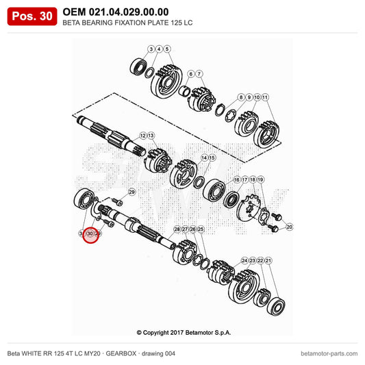 BETA BEARING FIXATION PLATE 125 LC – OEM 021.04.029.00.00, position 30 on the Beta WHITE RR 125 4T LC MY20 gearbox drawing