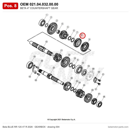 BETA 4° COUNTERSHAFT GEAR – OEM 021.04.032.00.00, position 8 on the Beta BLUE RR 125 4T R 2026 gearbox drawing