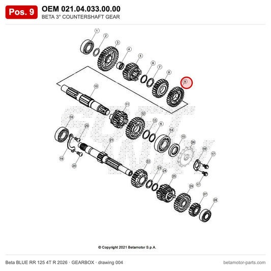 BETA 3° COUNTERSHAFT GEAR – OEM 021.04.033.00.00, position 9 on the Beta BLUE RR 125 4T R 2026 gearbox drawing